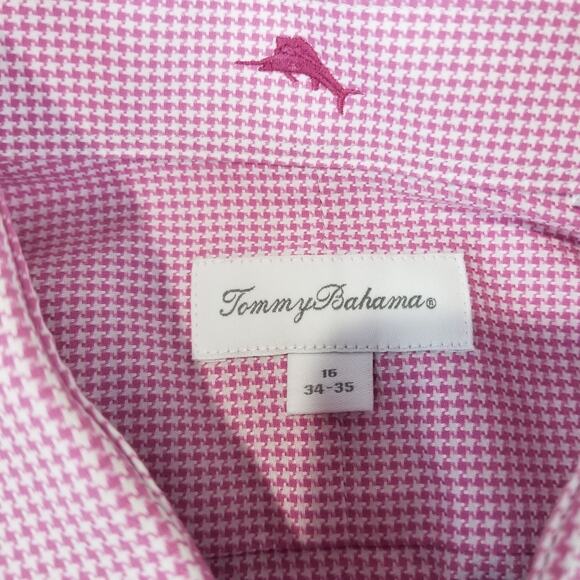Tommy Bahama Shirt Mens Large 16 34/35 Pink Houndstooth Long Sleeve ST310692 - Picture 4 of 11